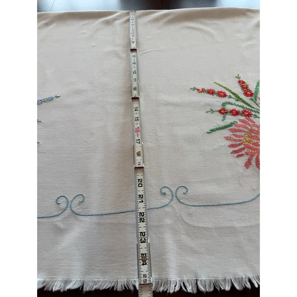 Vintage Embroidered Tablecloth Floral Baskets Fringed 42x50 Cottagecore Folk Art